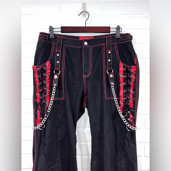 Tripp NYC Black And Red Plaid Lace-Up Chain Pants Gothic Chain Wide Leg Jeans - Picture 7 of 16